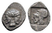 Mysia. Lampsakos circa 500-450 BC. Obol AR 0,76gr. 9-10mm . Janiform female head / Helmeted head of Athena left within incuse square. Baldwin, Lampsak...