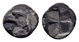 Aeolis. Kyme circa 450-400 BC. Hemiobol AR 0,34gr., 7mm Head of eagle left; K to left / Quadripartite incuse square. SNG von Aulock 1623