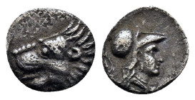 PAMPHYLIA, Side. Circa 3rd-2nd Century BC. AR Obol (0,65gr). Head of roaring lion left / Helmeted head of Athena right. SNG France 739; SNG von Aulock...