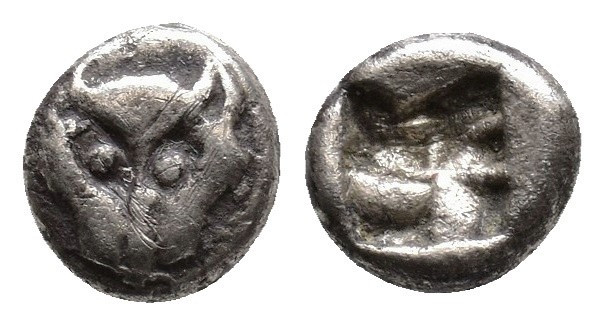 ASIA MINOR, Uncertain. 5th century BC. Facing head of lion or wolf / Incuse squa...