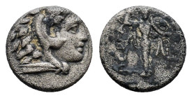 Mysia. Pergamon circa 310-282 BC. Head of Herakles right, wearing lion skin / Archaistic Palladion: statue of Pallas Athena standing facing, holding s...