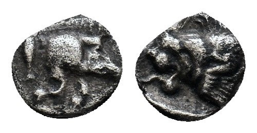 Mysia, Kyzikus 450-400 BC, AR Tetartemorion 0,23g. Rare with boar right