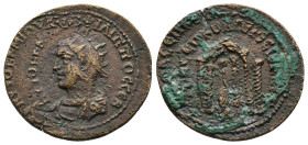 Mesopotamia, Nisibis. Philip II. AD 247-249. Radiate and draped bust left / Tetrastyle temple with fluted colums, in which Tyche, veiled, seated facin...