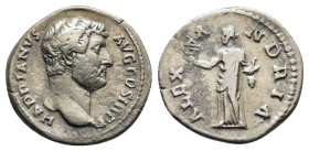 Hadrian 117-138 AD. Denarius. Rome AD 130-133. Travel series. HADRIANVS AVG COS III P P, bare head right / ALEXANDRIA, Alexandria standing left, holdi...