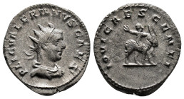 Valerian II, Caesar, 256-258 AD. Viminacium. P LIC VALERIANVS CAES, radiate and draped bust right. / IOVI CRESCENTI, infant Jupiter, with hand raised,...