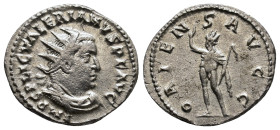 Valerian I 253-260 AD. Colonia Agrippinensis, 257 AD. VALERIANVS P F AVG, radiate, draped and cuirassed bust to right / ORIENS AVGG, Sol advancing to ...