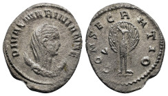Diva Mariniana, died before 253 AD. Struck 254-256 AD. Rome. DIVAE MARINIANAE, veiled and draped bust right, set on crescent / CONSECRATIO, peacock in...