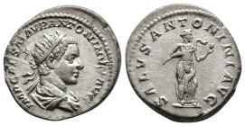 Elagabal 218-222 AD. Rome. IMP CAES M AVR ANTONINVS AVG, radiate and draped bust right / SALVS ANTONINI AVG, Salus, draped, standing right, feeding sn...