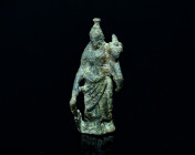 Roman bronze statuette. 2nd.-3th- century AD. Tyche holding cornucopiae and rudder. 40,10g, 57mm
