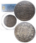 1589. Felipe II (1556-1598). Segovia. 4 Reales. A&C 554. Variedad con "HISPANIARV" en la leyenda Pedigree. Ligeramente retocada. Encapsulada por PCGS ...