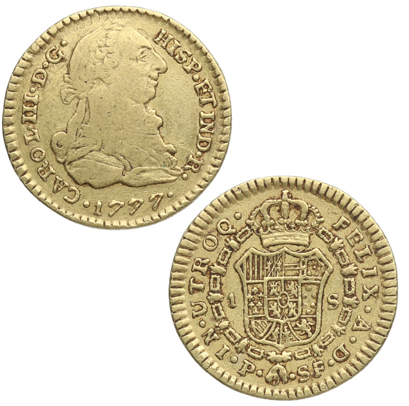 1777. Carlos III (1759-1788). Popayán. 1 Escudo. SF. A&C 1420. Au. 3,34 g. MBC /...