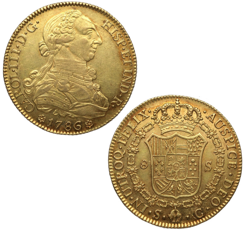 1786. Carlos III (1759-1788). Sevilla. 8 Escudos. C. A&C 2191. Au. 27,04 g. Bell...