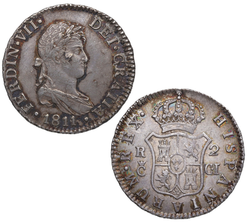 1811. Fernando VII (1808-1833). Cádiz. 2 reales. CI. A&C 726. Ag. 5,84 g. Atract...