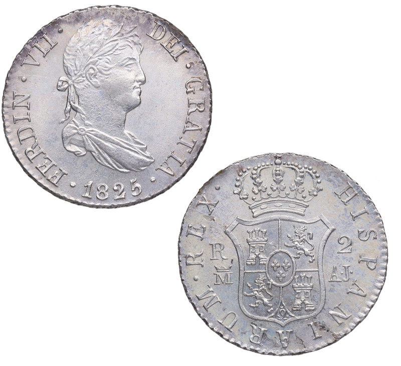 1825. Fernando VII (1808-1833). Madrid. 2 reales. AJ. A&C 841. Ag. 6,00 g. Bella...