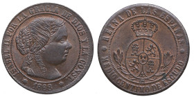1868. Isabel II (1833-1868). Sevilla. 1/2 Céntimo de Escudo. OM. A&C 201. Cu. 1,22 g. GIRADA 35%. EBC+. Est.70.