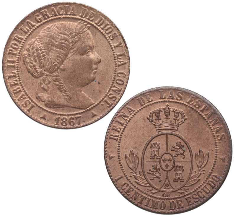 1867. Isabel II (1833-1868). Segovia. 1 Céntimo. OM. A&C 226. Cu. 2,66 g. Bella....