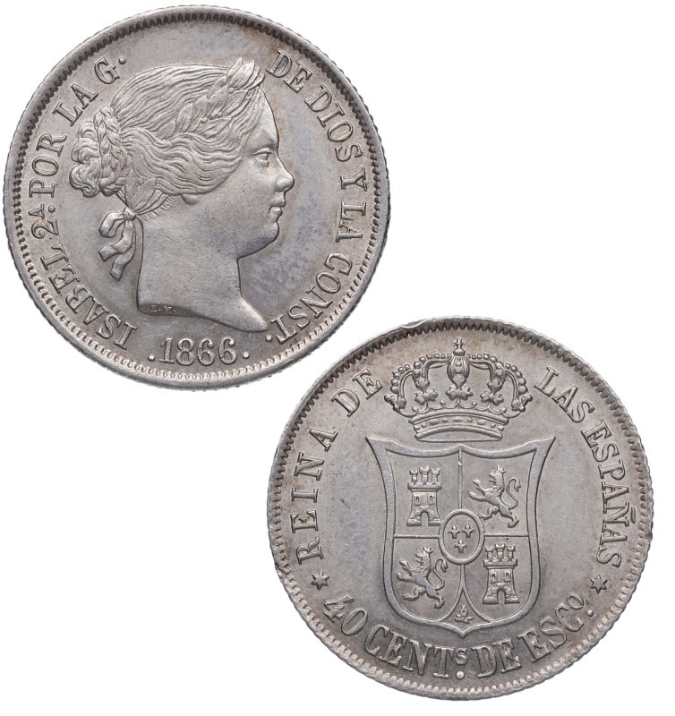 1866. Isabel II (1833-1868). Madrid. 40 céntimos. A&C 501. Ag. 5,15 g. Atractiva...