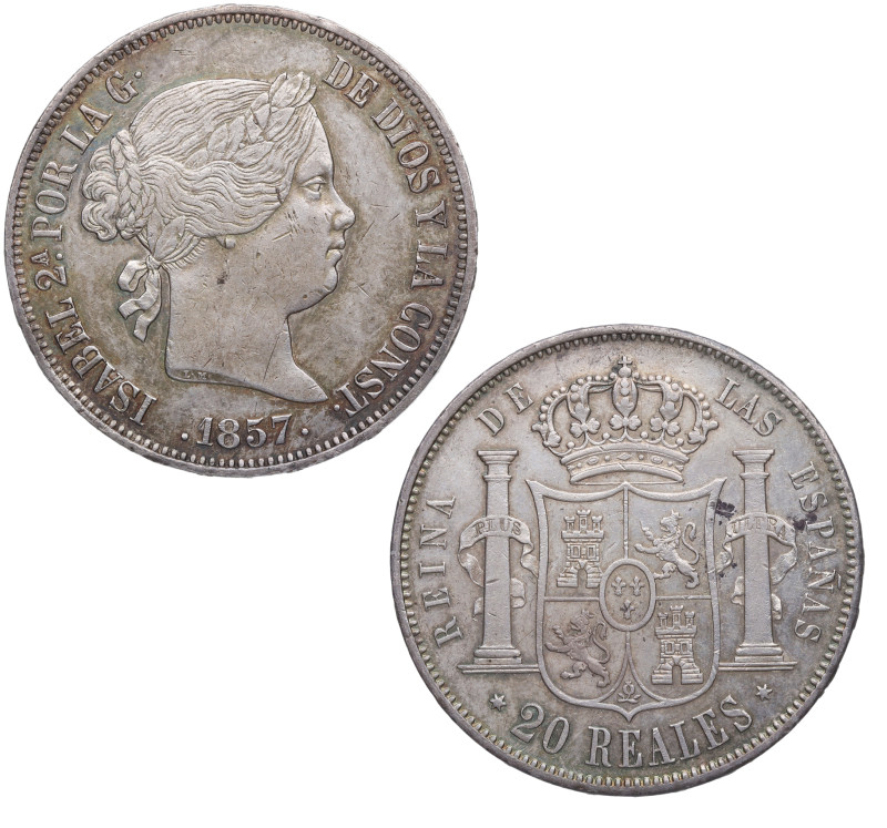 1857. Isabel II (1833-1868). Madrid. 20 reales. A&C 614. Ag. 25,95 g. Bella. Bri...