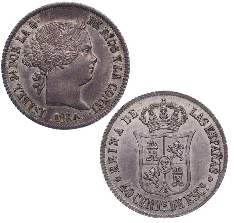 1864. Isabel II (1833-1868). Madrid. 40 Céntimos de escudo. A&C 499. Ag. 5,15 g....