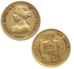 1868*68. Isabel II (1833-1868). Madrid. 2 Escudos. A&C 676. Au. 1,70 g. Bella. Brillo original. Rara y más así. EBC+ / EBC. Est.2000.
