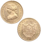 1865. Isabel II (1833-1868). Madrid. 4 escudos. A&C 688. Au. 3,36 g. Bella. Brillo original. SC-. Est.250.