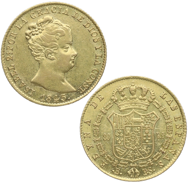 1845. Isabel II (1833-1868). Barcelona. 80 reales. PS. A&C 713. Au. 6,78 g. Bell...