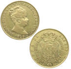 1845. Isabel II (1833-1868). Barcelona. 80 reales. PS. A&C 713. Au. 6,78 g. Bella. Brillo original. EBC+. Est.460.