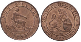 1870. I República (1868-1871, 1873-1874). Barcelona. 2 céntimos. OM. A&C 4. Cu. 2,00 g. Bella. Brillo original. SC-. Est.55.