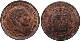 1877. Alfonso XII (1874-1885). Barcelona. 5 Céntimos. OM. A&C 4. Ae. 5,00 g. EBC+. Est.140.