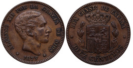 1877. Alfonso XII (1874-1885). Barcelona. 10 Céntimos. OM. A&C 8. Ae. 10,06 g. Oreja rayada. EBC. Est.150.