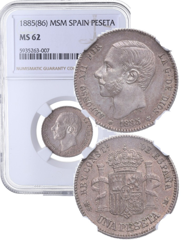 1885*86. Alfonso XII (1874-1885). 1 Peseta. MSM. A&C 25. Ag. Encapsulada por NGC...