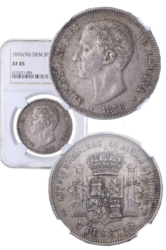 1876*76. Alfonso XII (1874-1885). 5 Pesetas. DEM. A&C 37. Ag. Encapsulada por NG...