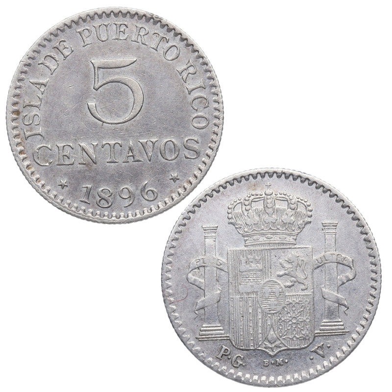 1896. Alfonso XIII (1886-1931). Puerto Rico. 5 centavos. PGV. A&C 124. Ag. 1,23 ...