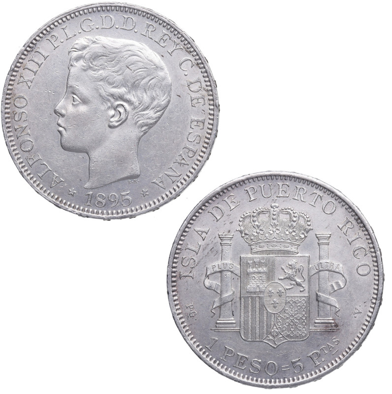 1895. Alfonso XIII (1886-1931). Puerto Rico. 1 Peso. PGV. A&C 128. Ag. 25,00 g. ...