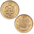 1945. México. México. 2 pesos. M. KM# 461. Au. 1,64 g. ESTADOS UNIDOS MEXICANOS /DOS PESOS. Bella. Brillo original. SC. Est.200.