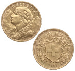 1897. Suiza. Berna. 20 francos. B. KM# 35. Au. 6,47 g. HELVETIA /20 FR. Bella. Brillo original. EBC+. Est.320.