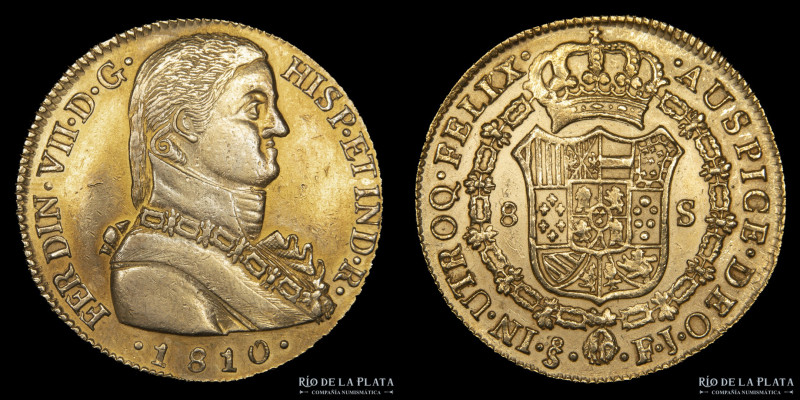 Santiago. Chile. Fernando VII (1808-1833) 8 Escudos 1810 FJ. AU.875; 36mm; 26.91...
