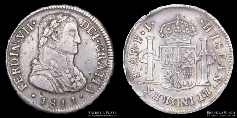 Santiago. Fernando VII (1808-1833) 2 Reales 1811 FJ. AG.896, 28mm; 6.54g. Busto ...