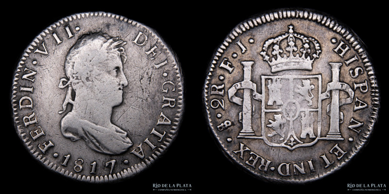 Santiago. Chile. Fernando VII (1808-1833) 2 Reales 1817/6 FJ. AG.896, 27.5mm; 6....