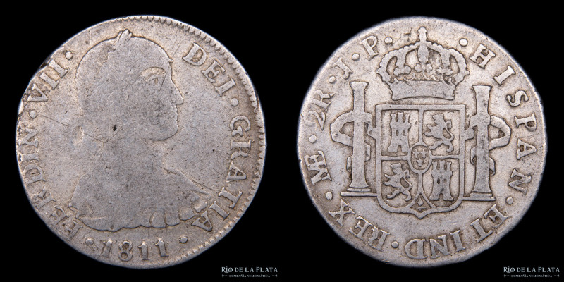 Lima. Fernando VII (1808-1833) 2 Reales 1811 JP, Busto Indígena. AG.896, 27.0mm;...