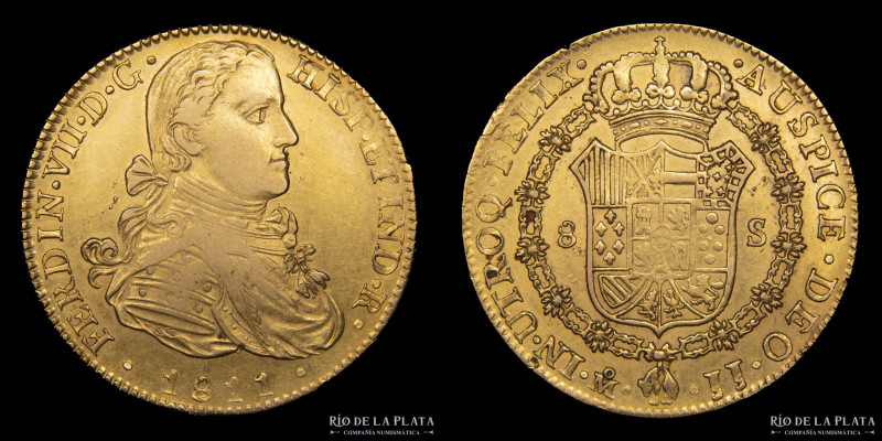 México. Fernando VII (1808-1833) 8 Escudos 1811 JJ. Oro (AU.875); 36.5mm; 27.06g...