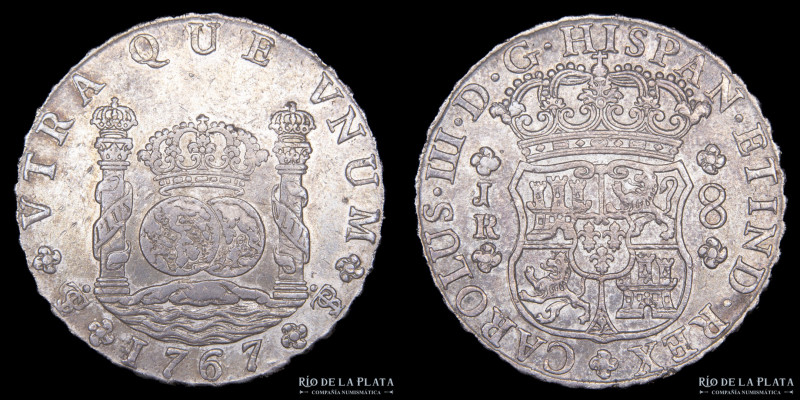 Potosí. Carlos III (1759-1788) 8 Reales 1767 JR (José Vargas y Flor y Raimundo d...