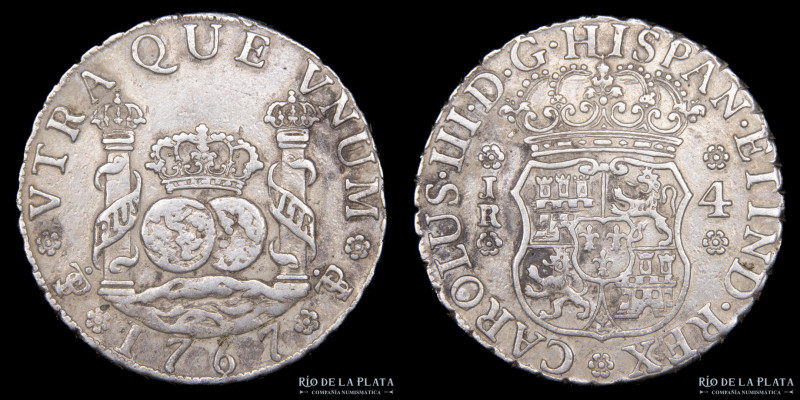 Potosí. Carlos III (1759-1788) 4 Reales 1767 JR (José Vargas y Flor y Raimundo d...