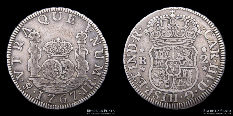Potosí. Carlos III (1759-1788) 2 Reales 1767 JR (José de Vargas y Flor, Raymundo...