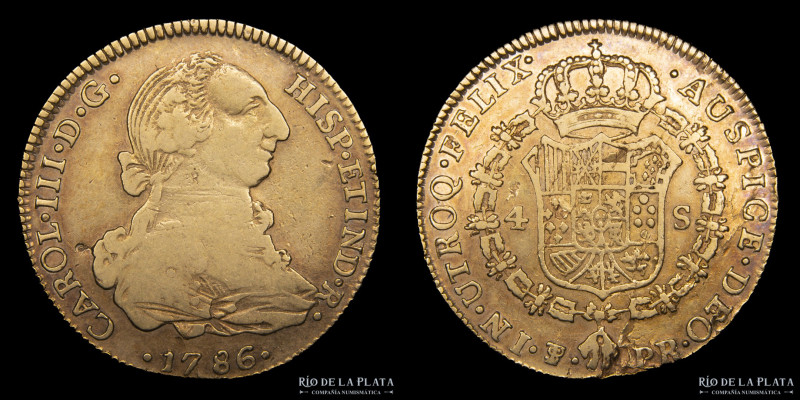 Potosí. Carlos III (1759-1789) 4 Escudos 1786 PR (Pedro Mazondo, Raymundo de Ytu...