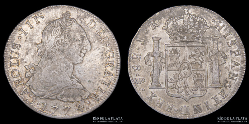Potosí. Carlos III (1759-1788) 8 Reales 1774 JR (Pedro Mazondo, Raymundo de Ytur...