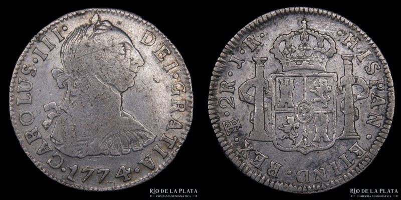 Potosí. Carlos III (1759-1788) 2 Reales 1774 JR. AG.903; 27mm; 6.61g. CJ 65.2.2 ...