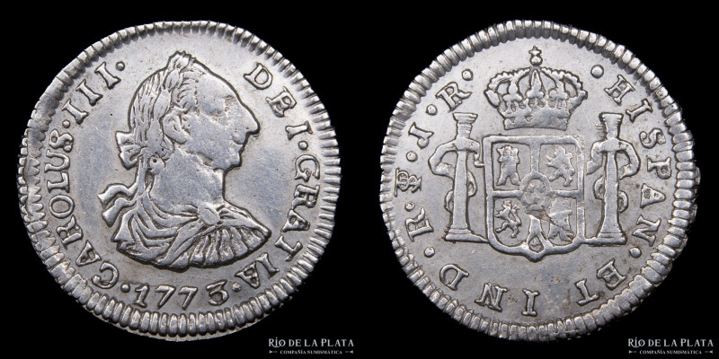 Potosí. Carlos III (1759-1788) 1/2 Real 1773 JR (Ensayadores Jose de Vargas y Fl...
