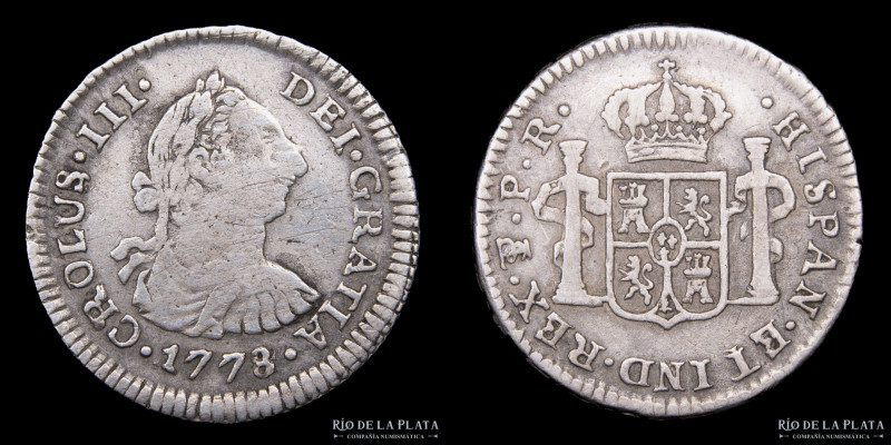 Potosí. Carlos III (1759-1788) 1/2 Real 1778/4 JR ERROR CROLUS. AG.903; 16.5mm; ...