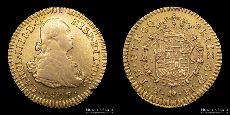 Potosí. Carlos IV (1788-1808) 1 Escudo 1807 PJ. Oro (AU.875); 18.0mm; 3.37g. Sol...